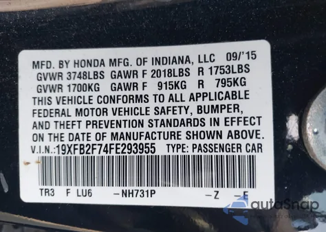 2015 Honda Civic Se from USA, damaged, VIN 19XFB2F74FE293955